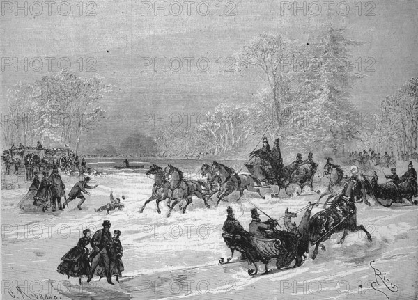 Sleigh Rides in Bois de Boulogne, Horse-drawn Sleighs and Skaters on the Frozen River, 1869,