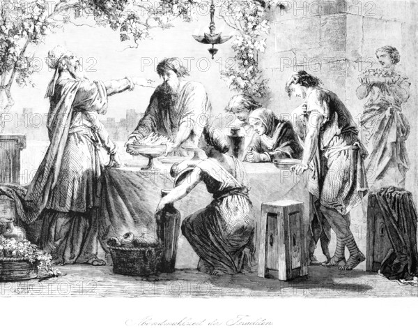 Israelites' supper, supper, group, sit, priest, table, stool, dine, outside, oil lamp, baskets,