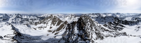 Alpine panorama, Sulzkogel, aerial view, peaks and mountains in winter, Sellraintal, Kühtai, Tyrol,