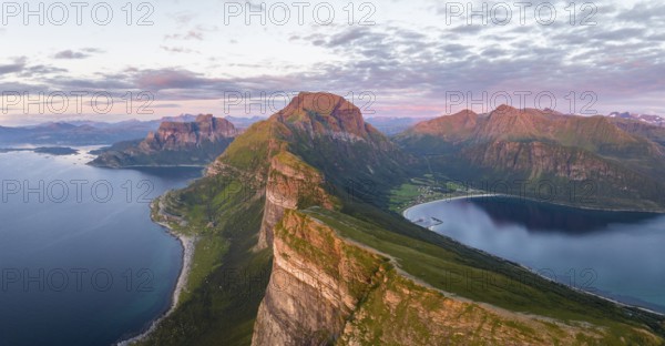 View from Finnesfjellet mountain to mountains and coast, evening mood, Finnes, Helgeland coast,