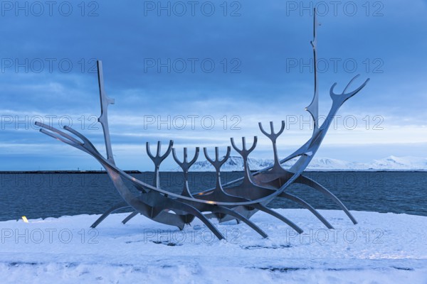 Viking Ship Sculpture at Dawn, Sun Voyager, Reykjavik, Reykjanes Peninsula, Sudurnes, Iceland,