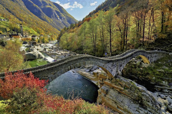Old Roman bridge Ponte dei Salti over Verzasca, Lavertezzo, Verzasca Valley, Valle Verzasca, Canton