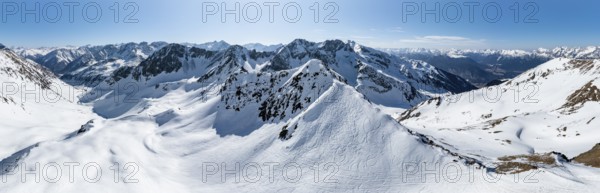 Alpine panorama, Mitterzeigerkogel, aerial view, peaks and mountains in winter, Sellraintal,