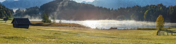 Sunrise and morning fog, Geroldsee, Klais near Mittenwald, Werdenfelser Land, Upper Bavaria,