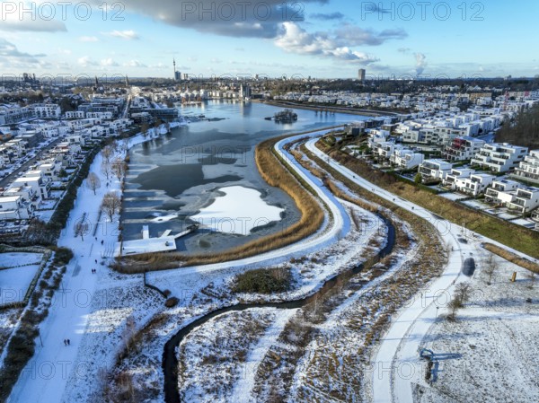 Dortmund, North Rhine-Westphalia, Germany, Phoenix Lake in winter with snow, renaturalised Emscher