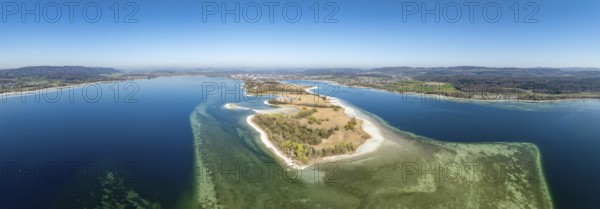 Aerial view, panorama of the Mettnau peninsula at low tide with shallows, danger to shipping