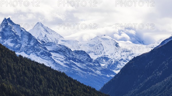 Snow-covered peaks of the mountains Le Besso, and Obergabelhorn, Val d'Anniviers, Valais Alps,