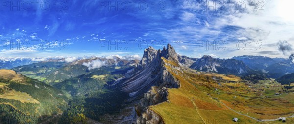 The peaks Sas Rigais and Furchetta of the Geisler group, wide-angle panoramic photo, drone photo,