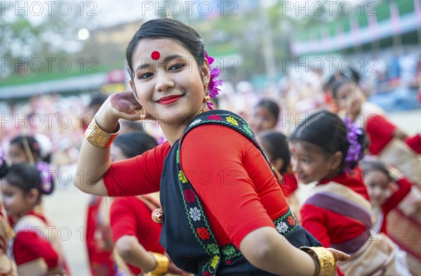 Participants with an instructor dance on the final day of a Bihu dance workshop ahead of Rongali