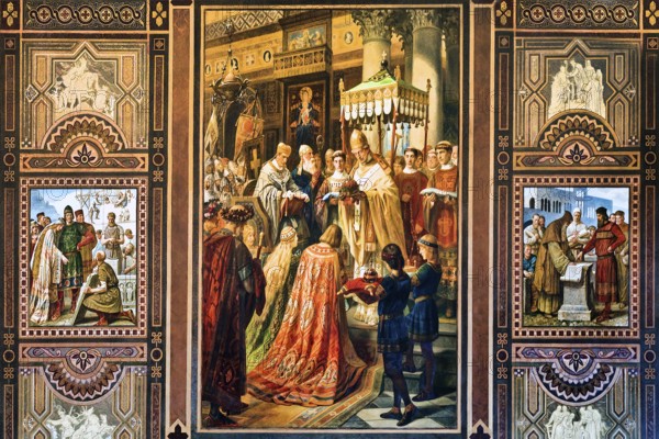 Left Foundation of the Villa regalis in Goslar in 1017 by Henry II, centre Coronation of Henry II