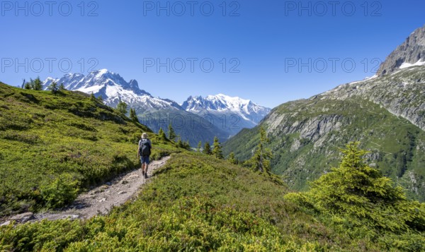 Mountaineer on hiking trail, mountain panorama with glaciated mountain peaks, Aiguille Verte with