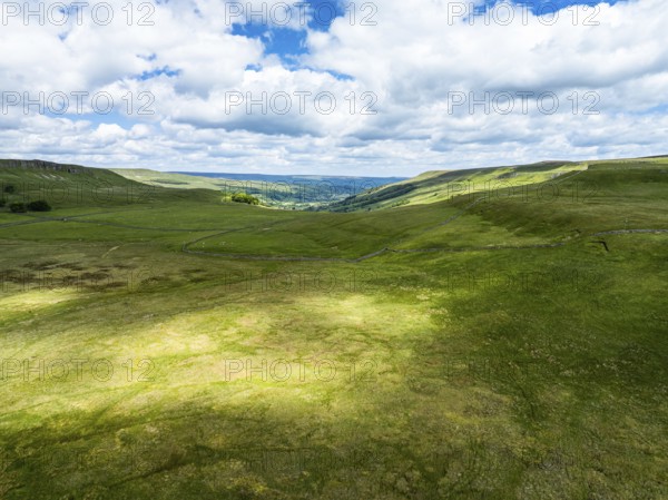 Meadows and Hills over Wharfedale from a drone, Cray, Skipton, Yorkshire Dales, North Yorkshire,