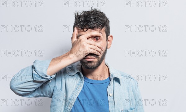 Person with irritated eyes. People with eye pain on isolated background, Person with conjunctivitis