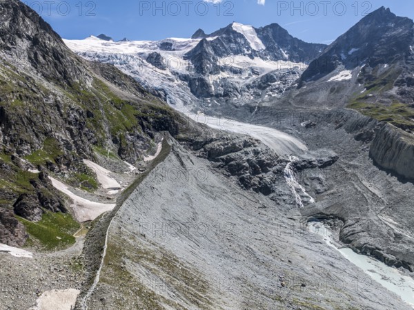 View to mountain hut Cabane de Moiry, located close to the retreating Moiry glacier, hiking trail