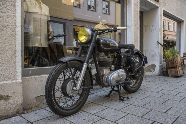 Vintage motorbike from the Indian motorbike manufacturer Royal Enfield in the old town of Ulm,