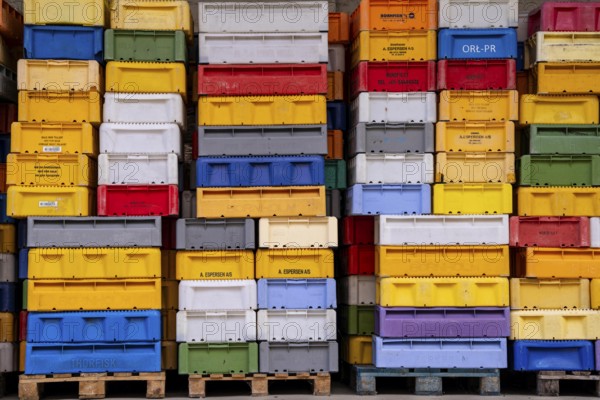 The town harbour of Sassnitz, island of Rügen, boxes of fish waiting for the new catch, at the