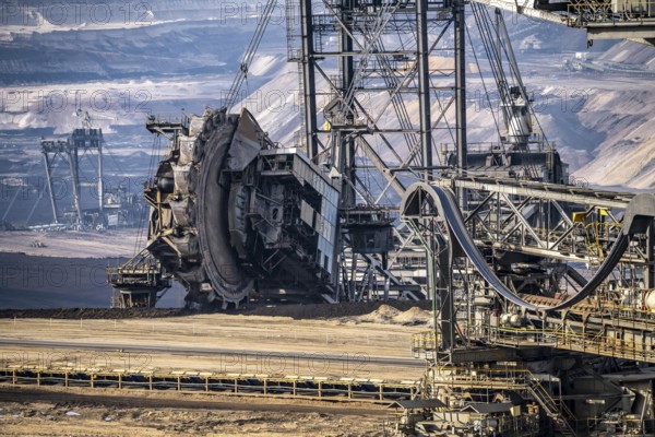 Lignite opencast mine Garzweiler, bucket wheel excavator mining overburden, coal, near Jüchen,