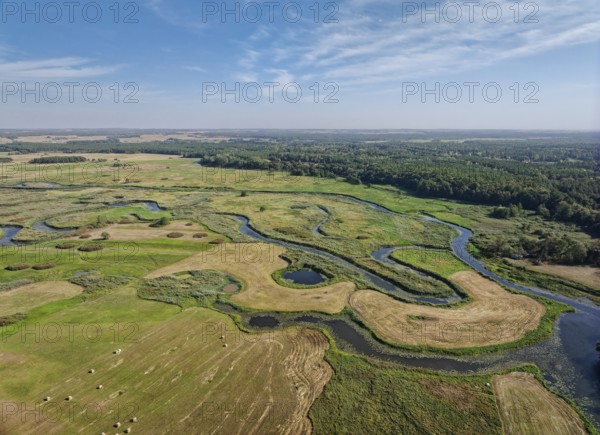 Aerial view of the meandering Biebrza River in the Biebrza National Park in northern Poland.