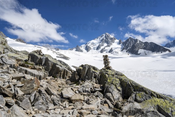 High alpine mountain landscape, Glacier du Tour, glacier and mountain peak, summit of the Aiguille