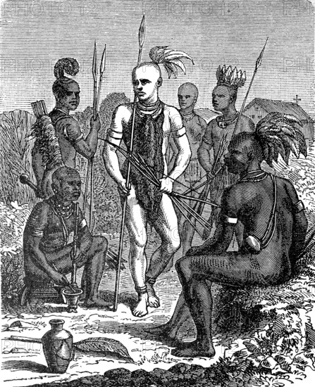 Albino, albinism, among the Bari tribe on the White Nile in Sudan, illustration from 1878,