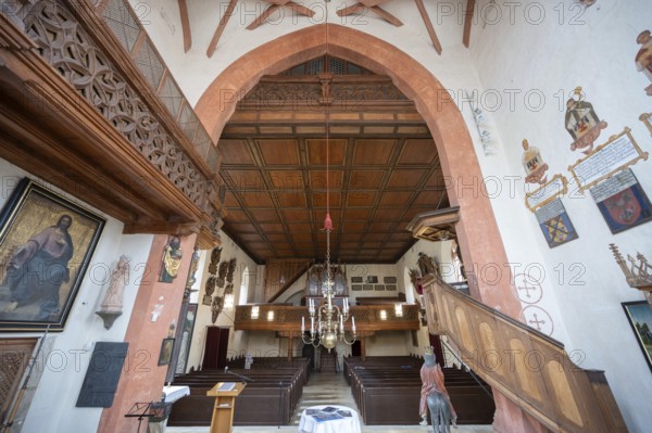 View into the nave with organ loft, Gothic St Mary's Church, Kalbensteinberg, Middle Franconia,