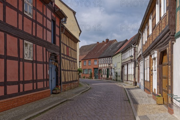 Half-timbered houses in Seehäuser Straße in Werben in the Altmark. Hanseatic town of Werben,