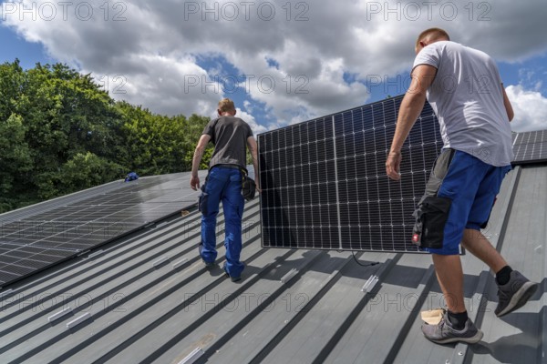 Installation of solar modules on the roof of a barn on a farm, over 210 photovoltaic modules are