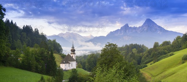 Maria Gern pilgrimage church, view of the Watzmann, in front of sunrise, Berchtesgarden Alps,