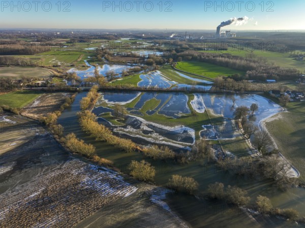 Selm, North Rhine-Westphalia, Germany, flood on the Lippe, river in the Ruhr area, the fields, the
