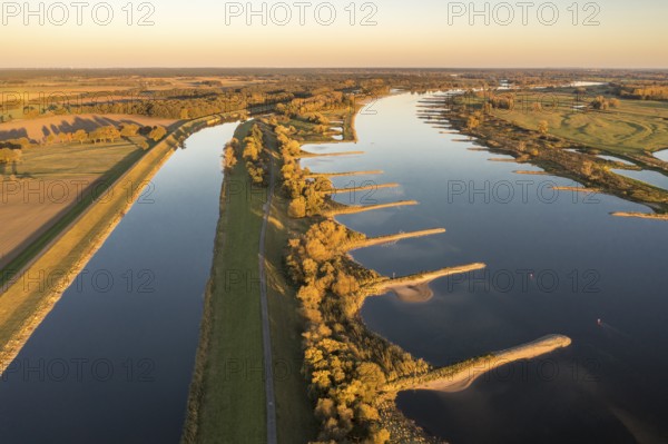 Aerial view of channel Gnevsdorfer Vorfluter and river Elbe at sunset, between Wittenberge and
