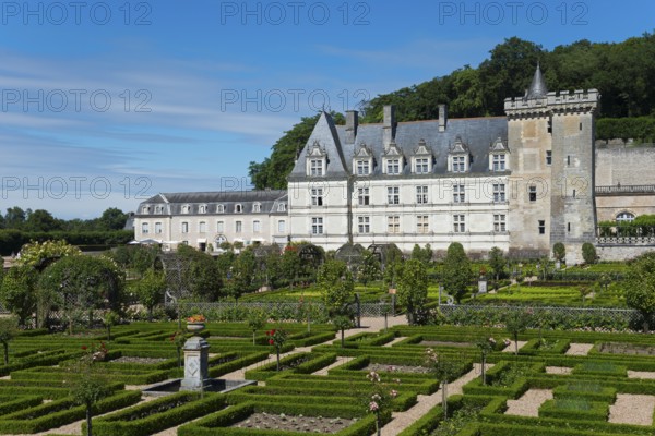 Historic castle with manicured garden, hedges and architectural elements, Villandry Castle,