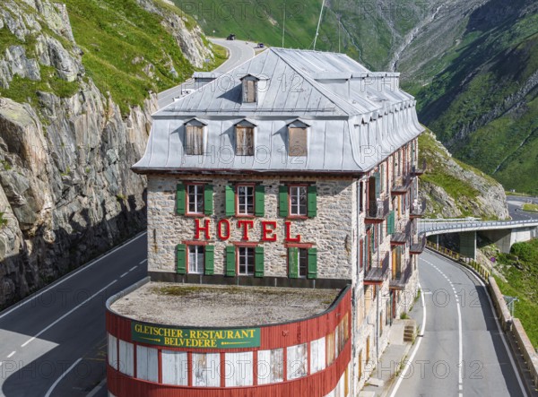 Hotel Belvédère on the Furka, the most famous pass hotel in the world. The building is closed and
