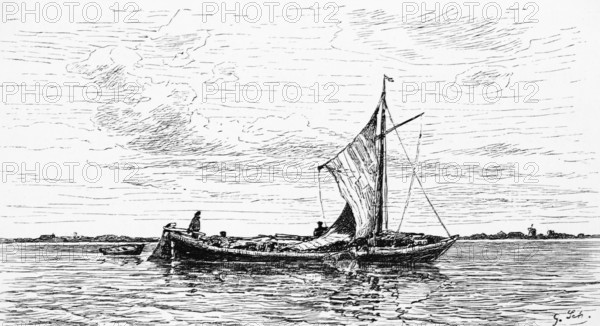 Emspünte for shallow waters, barge on the Ems, East Frisia, Lower Saxony, flat bottom, river, sail,