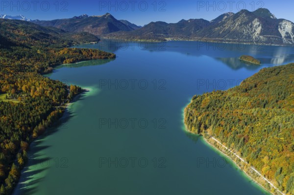 Aerial view of a mountain lake and autumnal coloured trees in the morning light, Walchensee, view