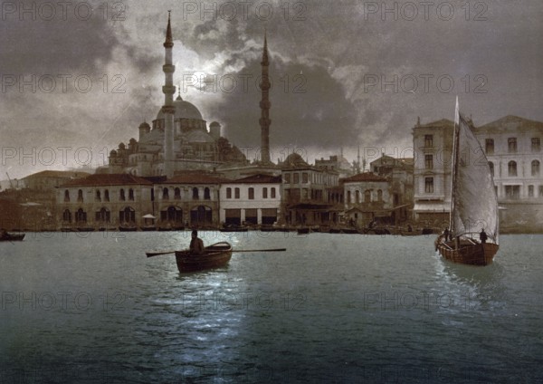Yeni Cami, the New Mosque, by moonlight, Constantinople, Istanbul, Turkey, View from 1885,