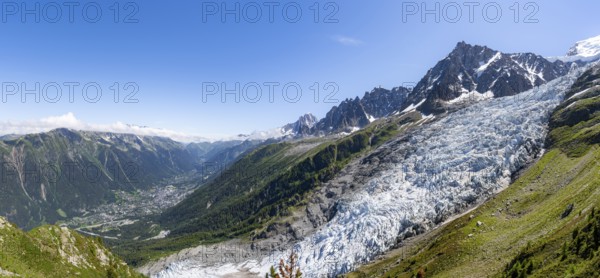 Panorama, mountain landscape with glacier Glacier des Bossons and summit of the Aiguille du Midi,