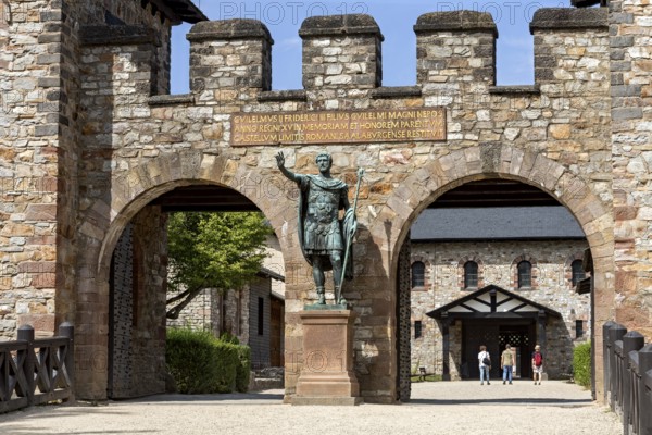 Main gate, Porta Praetoria with bronze statue of Emperor Antoninus Pius, plaque with inscription