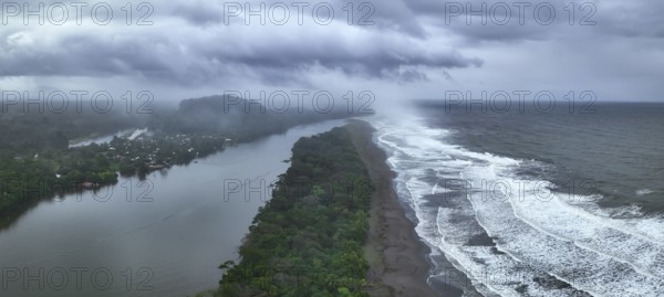 Aerial view, beach and sea, coast with rainforest, Tortuguero National Park, Costa Rica, Central