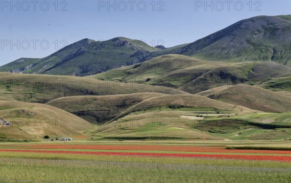 Mountain landscape on the edge of the Pian Grande di Castelluccio di Norcia plateau in the Monti