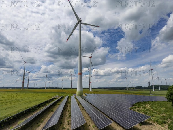 Wind farm near Marsberg, photovoltaic system, utilisation of land for renewable energies,