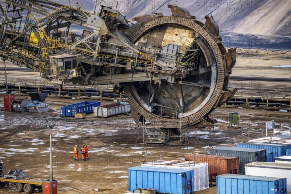 Garzweiler opencast lignite mine, bucket wheel excavator undergoing maintenance and repair, near