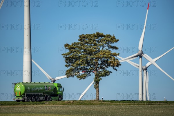 Wind farm near Lichtenau, wind turbines, country road, Driburger Straße, cattle feed transporter,