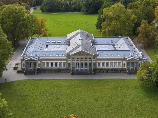 Rosenstein Castle with Natural History Museum, drone photo of Rosenstein Park. Stuttgart,