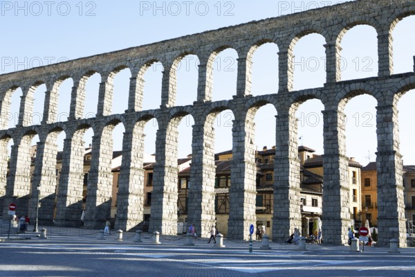 Roman aqueduct at the Plaza de Azoguejo, Segovia, province of Segovia, Castile and Leon, Spain,