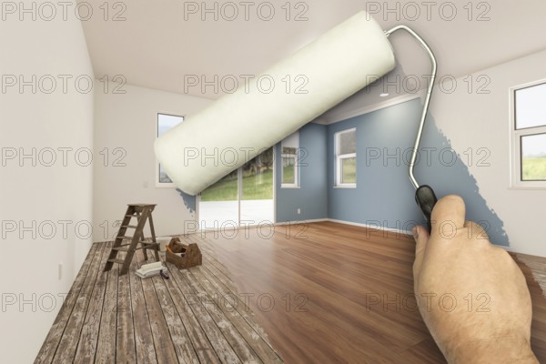 Before and after of man using A paint roller to reveal newly remodeled room with fresh green paint,