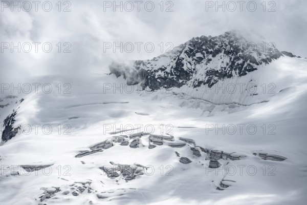 Snow and glacier ice with crevasses on the Waxeggkees glacier, Berliner Höhenweg, Zillertal Alps,