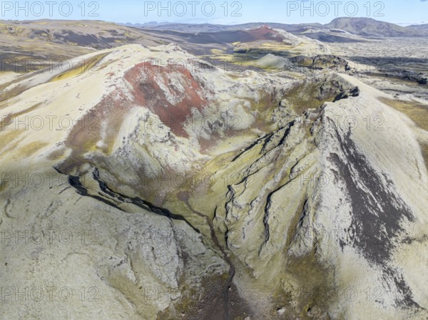 Moss-covered Laki crater or Lakagígar, series of craters, aerial view, interior highlands of