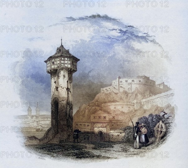 The Roman tower in Thal, Ehrenbreitstein, Germany, Historical, digitally restored reproduction from