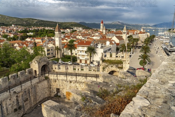 View over the Kamerlengo fortress to Riva Promenade and the old town centre of Trogir, Croatia,