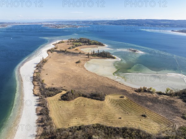 Aerial view of the Mettnau peninsula near Radolfzell on Lake Constance at low tide, the island of